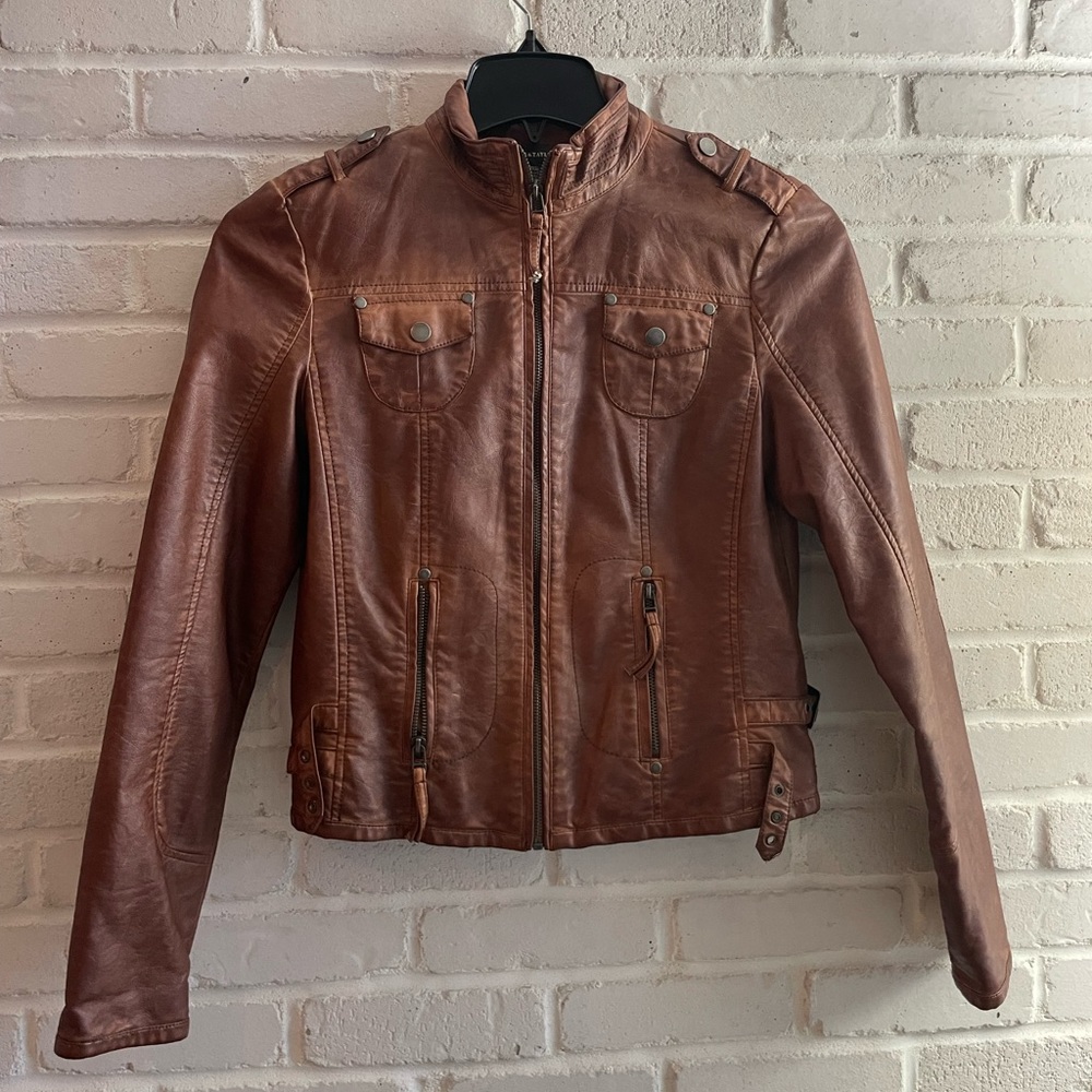Lord & Taylor Brown Faux Leather Moto Jacket, Size 6.